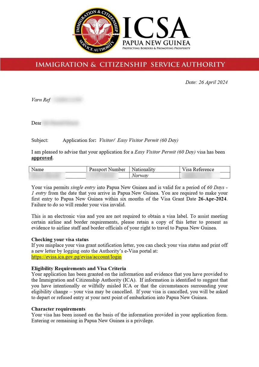 Sample Papua New Guinea eVisa approval letter